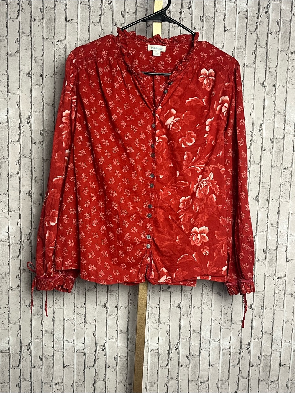 Sundance Janica Blouse PL Petite Large Red Floral Patchwork Boho Cotton Top
